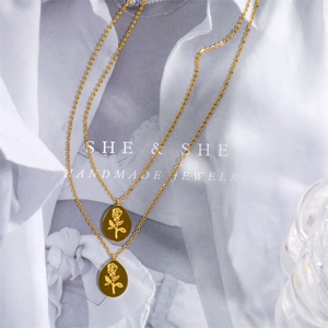 Retro Gold Plated Flower Charm Stainless Steel Waterdrop Pendant <b>Necklace</b> - Product Image 3