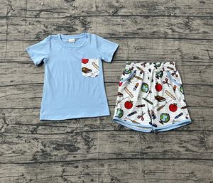 Conjunto de Ropa Infantil Personalizado BSSO1921, Diseño de Lápiz Apple Azul, para Niño, Venta al por Mayor, Manga Corta, Regreso a Clases - Product Image 1