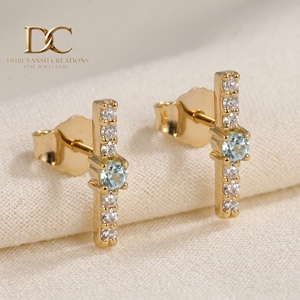 Boucles d'oreilles clous en or massif 14 carats avec diamant de laboratoire certifié IGI et Yag Paraiba bleu de laboratoire, bijoux fins minimalistes pour femme - Product Image 6