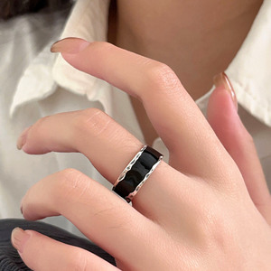 Silver Ruitai S925 Sterling Silver Black Epoxy Resin <b>Ring</b> Geometric Design Women's Everyday Wear Fine Jewelry - Product Image 1