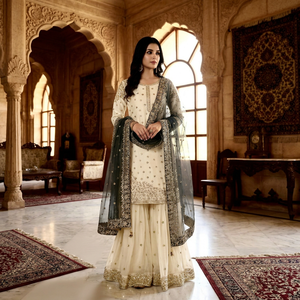 Ensemble Kurti Anarkali brodé beige pour femme, longueur au sol, avec dupatta en tulle gris - Product Image 1