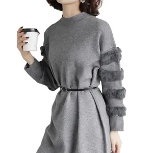 New Fashion Stylish Women Winter Wool Sweater With Rabbit Fur Stripes On Sleeves Ladies Rabbit Fur Jacket