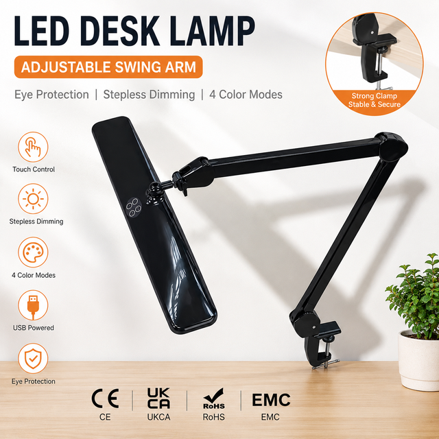 Black Adjustable LED Desk Task Work Lamp With Clamp Touch Control Dimmable Swing Arm Eye Care Reading Light