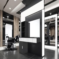 Station de travail moderne pour salon de coiffure masculin avec miroir et meuble en bois – Présentoir King pour magasin de coupe de cheveux