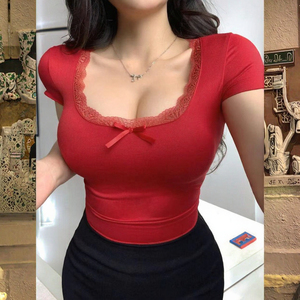 Women <strong>Red</strong> Short Sleeve <strong>Crop</strong> T-Shirt Lace Edge U Neck Bow Decor Slim Fitted Casual <strong>Top</strong> - Product Image 3