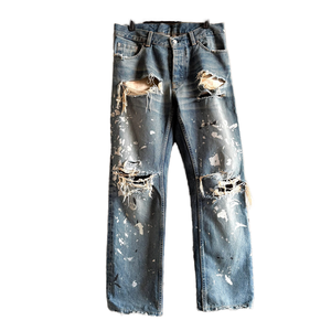 Jeans déchirés effet vieilli avec patchs personnalisés, coupe skinny, droite ou ample, style streetwear, effet empilé, denim délavé vintage pour homme - Product Image 1
