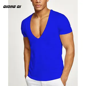 2024 erkek Fitness spor rahat yaz pamuk ter emici düz renk derin v yaka erkek t-shirtü