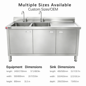Lavello Commerciale a Doppia Vasca con Gocciolatoio Destro e Mobile Contenitore in Acciaio Inossidabile per <span class=keywords><strong>Cucina</strong></span> <span class=keywords><strong>Ristorante</strong></span> - Product Image 2