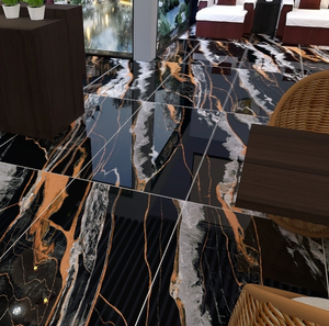 بلاط أرضي فاخر وعصري من البورسلين الأسود مع عروق ذهبية وبيضاء 600*1200، لامع للغاية بمظهر الرخام الحجري للفيلات وغرف الطعام والمعيشة - Product Image 4