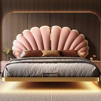 Cama de Cuero Genuino con Forma de Pétalo, Diseño Flotante Inspirado en Conchas, Cama Suave para el Dormitorio Principal, BTLB059, para Hogar u Hotel, Estilo Minimalista Moderno
