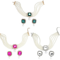 Ensemble collier ras-de-cou et boucles d'oreilles courts superposés avec gros strass et perles, ornés de cristaux verts/rouges/transparents, pour femme, idéal pour mariage
