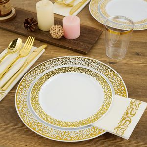 Assiettes en plastique élégantes de 10,25 pouces avec bord doré/argenté, jetables, avec couteaux, fourchettes et cuillères pour mariage, Noël, remise de diplôme - Product Image 3