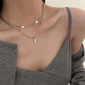 Collier double couche en acier inoxydable argenté, chaîne Figaro, pendentifs breloques rectangulaires vierges, design tendance - Product Image 2