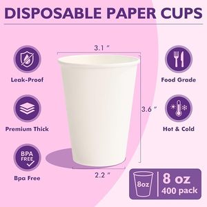Gobelets en papier blancs 8oz à paroi simple, jetables, pour les fêtes d'anniversaire - Product Image 4