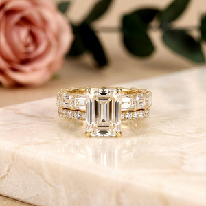 Luxury <b>Emerald</b> Cut Moissanite Three Stone Engagement <b>Ring</b> Matching Wedding Band Set Sterling <b>Silver</b> Rhodium Plated Bridal - Product Image 1