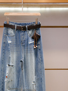 Jeans a gamba larga a vita alta da donna, stile casual alla moda, sottili, estivi, nuovo modello, effetto snellente, con strappi, a gamba dritta - Product Image 4