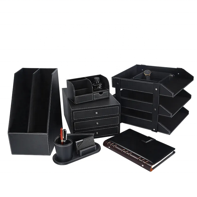 Desktop Storage Multifunctional Business PU Leather Desk Set Organizer