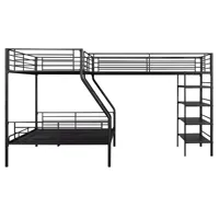 Lit superposé moderne en métal en forme de L avec lit triple, bureau, barrières de sécurité et échelles pour chambre à coucher