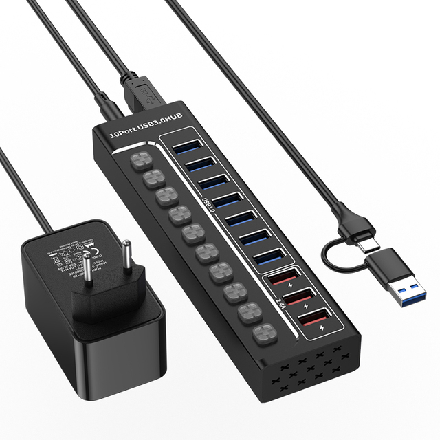 Factory Outlet USB 3.0 7-port Hub USB/Type C with Switch Laptop Splitter 3-port 2.4A Charging With Individual Indicator Switch