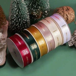 Custom Recycled Grosgrain Merry Christmas Satin Ribbons Gold Foil Printed <b>Red</b> Green Gold Silver White 25mm X 45m Decoration - Product Image 4