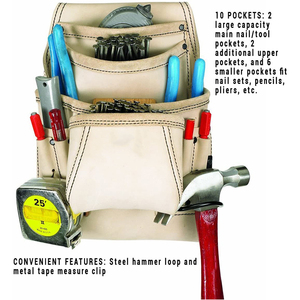Accessoires d'outils <span class=keywords><strong>de</strong></span> travail 179354 Sac à outils et à clous pour charpentier en cuir pleine fleur inversé à 10 poches pour le rangement des outils, sacs <span class=keywords><strong>de</strong></span> travail quotidiens - Product Image 4