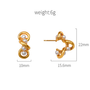 Geometric Pearl C-Shaped <b>Stud</b> Earrings Gold 18K Wrapped <b>Titanium</b> Steel Everyday Wear - Product Image 4