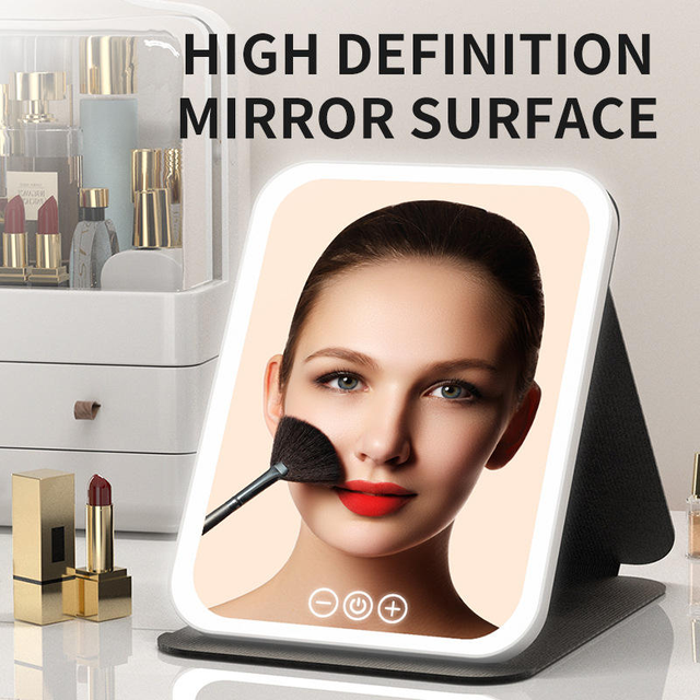 Customize Foldable Portable LED Single-Sided Makeup Mirror with Light Square Shape Plastic Frame for Desktop Dormitory & Office