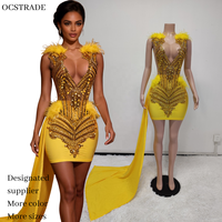 Ocstrade Pronto per la Spedizione - Contattare Prima dell'Ordine, Abiti da Compleanno con Glitter Dorato e Strass, Vestito Mini Sexy con Piume per Club