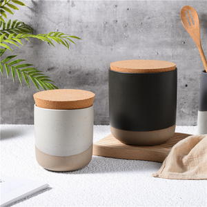 High Quality Speckled Cylinder Clay Kitchen Food Tea Sugar Coffee Canister Ceramic Storage Jar with Bamboo Lids
