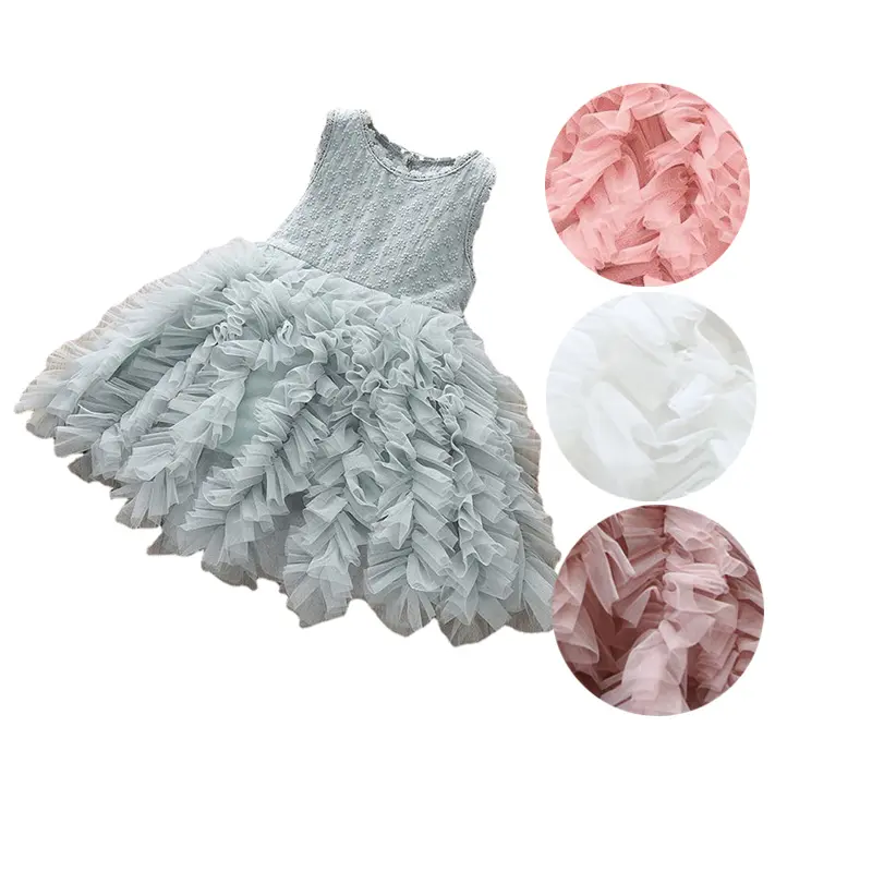 Wholesale Baby Girls Dress Floral Lace White Sleeveless Tulle Party Princess Dress