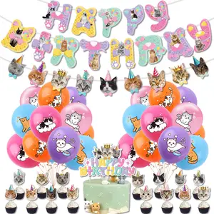 Funny Cat Party HAPPY BIRTHDAY Garland Printed Balloons Photo Props for Cat Theme Birthday Pet Adoption Party Supplies KK040