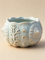 Pot de fleurs en céramique à motif coquillage en relief sur le thème de l'océan, design vintage corail et conque pour la décoration de maison de plage