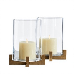 Natural Wooden Base <b>Hurricane</b> <b>Candle</b> <b>Holder</b> <b>Glass</b> Cylinder Pillar Stand Modern Rustic Wedding Table Decor - Product Image 1