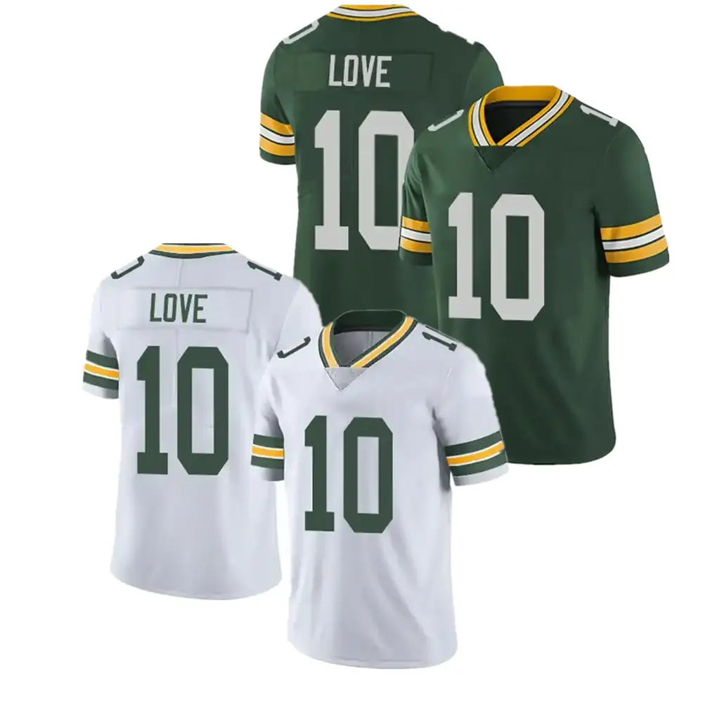 2023 Green Bay Jersey JD Love #10 เย็บเสื้ออเมริกันฟุตบอลกีฬาท็อปวีพี Inc. เสื้อเจอร์ซีย์ส่งถึงประตูบ้าน - สีเขียวสีขาว