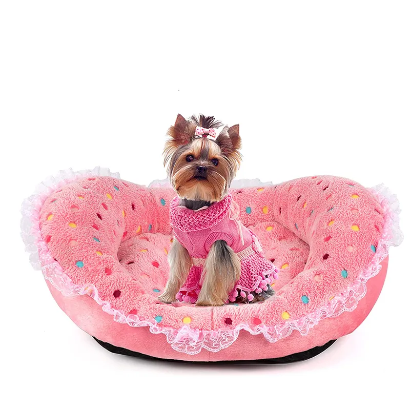 Cama de cachorro rosa de renda, cama de cachorro de estimação fofa destacável e macia