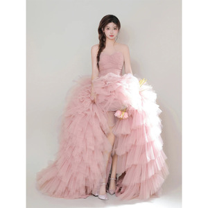 Pink Strapless Tulle Ball Gown Wedding Dress Natural Waistline Candy Color Light Train Photography Theme - Product Image 5