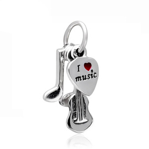 Pendentif Breloque 'J'aime la <span class=keywords><strong>Musique</strong></span>' <span class=keywords><strong>Violon</strong></span> Note de <span class=keywords><strong>Musique</strong></span> Médiator de Guitare 3-en-1 en Alliage de Zinc Plaqué Argent pour Bracelet Collier Perle DIY Thème Musical - Product Image 1