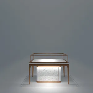 Vitrina de madera para exhibición de joyas, vitrina de vidrio transparente con estampado de patrón de papel en forma de L con luces Led, venta al por mayor