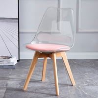 Chaise de salle à manger en plastique transparent pour l'extérieur, chaise de salle à manger en tulipe, siège et dossier en PC, coussin en PU, pieds en bois de hêtre