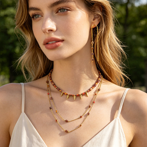 Collier ras du cou multicouche à pampilles, style bohème, bijoux d'été ethniques, avec perles en pierre naturelle d'agate rouge - Product Image 1
