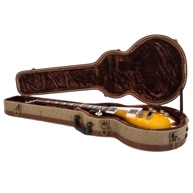 Vintage Luxury Retro Classic Wooden Hardshell Yellow Fabric Brown Leather Trim Guitar Case