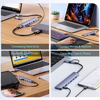 Adaptateur hub USB C polyvalent 7-en-1 à double prise avec support de chargeur rapide sans fil pour ordinateur portable et téléphone portable