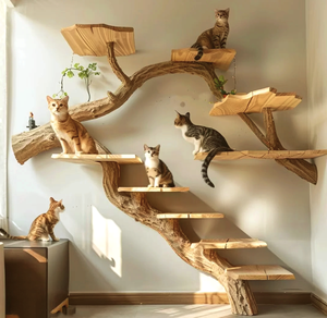 Rumah Pohon Kucing Besar Klasik dari Kayu dengan Bingkai Panjat Berlapis Bulu dan Mainan Interaktif Penggaruk - Product Image 5