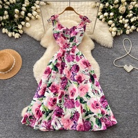 Robe midi élégante pour femme WIWT, imprimé floral rose, coupe trapèze, sans manches, col cœur, décontractée, pour les fêtes, les vacances et le quotidien