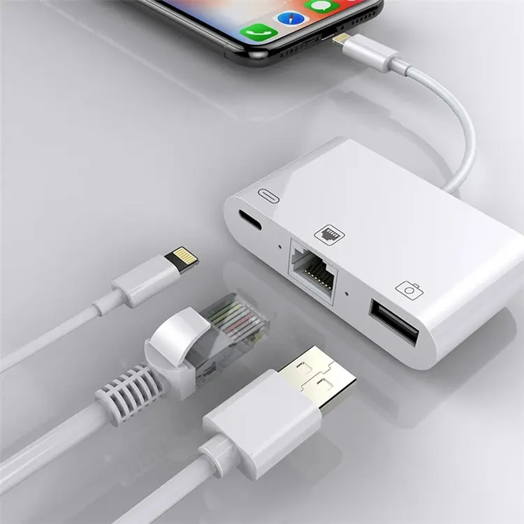 Convertisseur 3 en 1 RJ45 HUB USB pour iPhone/iPad Lighting to Ethernet RJ45 LAN 100Mbps USB Adapter OTG Camera Reader Charger