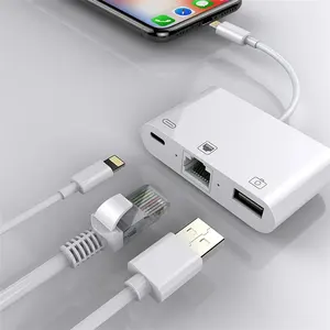 USB HUB Konverter RJ45 3 Dalam 1, untuk iPhone/iPad Lightning Ke Ethernet RJ45 LAN 100/1000Mbps Adaptor USB Pengisi Daya Pembaca Kamera OTG