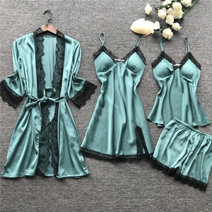 High Quality Sexy Women Four Piece Pajamas Set <strong>Silk</strong> Nightgowns Sexy Lace Robe Set <strong>Ladies</strong> Elegant Loungewear <strong>Silk</strong> <strong>Pyjamas</strong> - Product Image 4