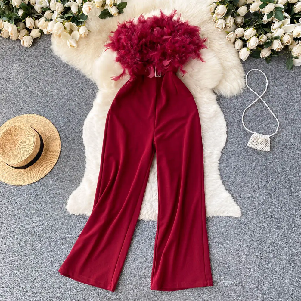 Women Feathers Strapless Solid Elegant Long Jumpsuits