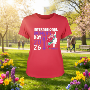 T-shirt da donna Inspire McKeon per la Giornata Internazionale della Donna 2026, stampa viola, casual, girocollo, manica corta, 100% cotone - Product Image 2