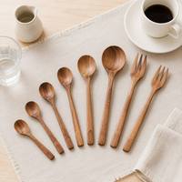 Ensemble cuillère et fourchette en bois d'acacia naturel, couverts de table, ustensiles de cuisine, cuillère à mélanger, cuillère à salade, cuillère à café, cuillère à sucre, fourchette à dessert